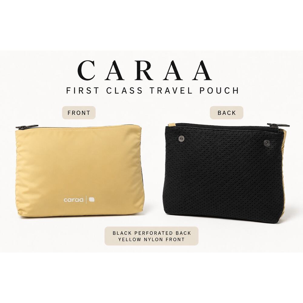 Caraa First Class Travel Pouch Black Perforated Yellow Nylon Zip Organizer